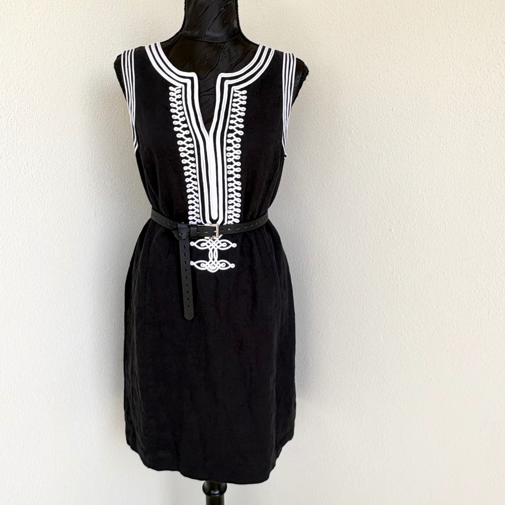 Michael Kors Embroidered 100% Linen Shift Dress Womens 10 Black Preppy Classic